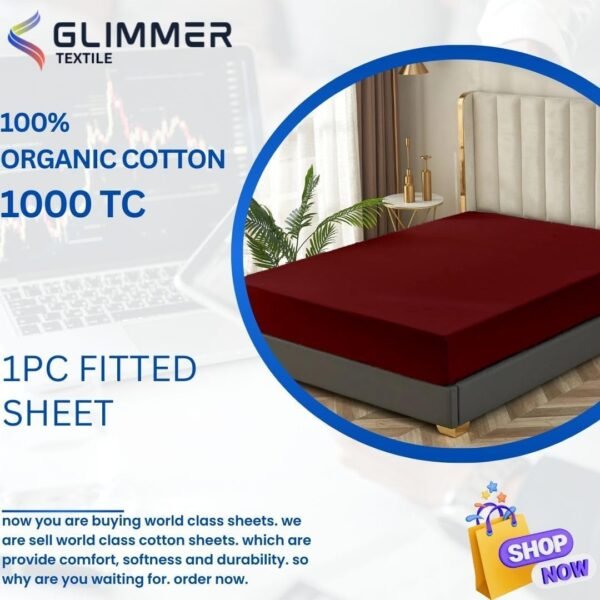 1PC Fitted Sheet| Organic Cotton| 1000 TC| | Full Size (54"X75") with 22" INCH DEEP Pocket| Skin Friendly|Comfy & Very Soft| Wrinkle Free| Burgundy - Image 2
