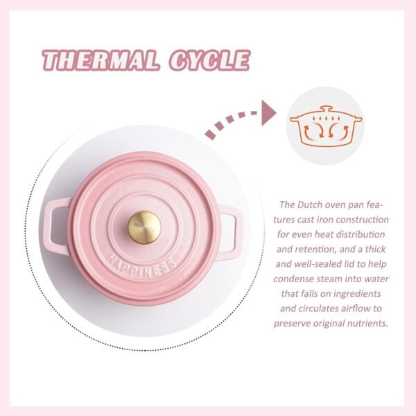 Enameled Cast Iron Dutch Oven, Pink Nonstick Dutch Oven Pot with Lid, Round Enamel Cookware for Braising Stewing Roasting Baking, Good Sealing, Cooking Pot Suitable for All Stoves (Pink) - Image 5