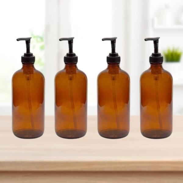 Cornucopia 8oz Glass Pump Bottles (4-Pack, Amber Brown), Lotion Soap Dispensers w/Black Plastic Pumps - Image 2