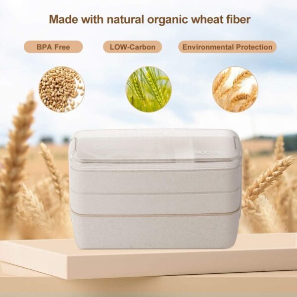 Bento Box for Adults, 3-In-1 Meal Prep Container, 900ML Japanese Lunch Box with Compartment, Wheat Straw, Leak-proof, Spoon & Fork, BPA-free (Beige) - Image 4