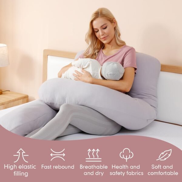 Pregnancy Pillow for Sleeping Cooling, 100% Muslin Full Body Maternity Pillow, Support for Back, Legs, Belly, HIPS - Side Sleeper Pillow (LightGray,55in) - Image 5