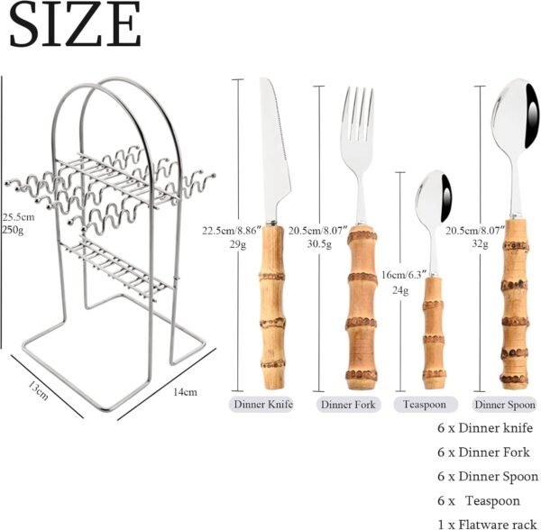 24-Piece Bamboo Flatware Set, Silver Stainless Steel Tableware Set With Cutlery Holder, Kitchen Utensils For Home And Restaurant Daily Use, Mirror Polish, Service For 6 - Image 3