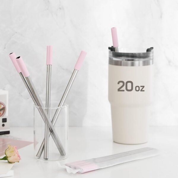 Heart Shaped Stainless Steel Reusable Metal Straws with Pink Silicone tips (Set of 4 straws) for coffee tumbler 20 oz accessories and Valentines day Christmas Birthday gift - Image 3