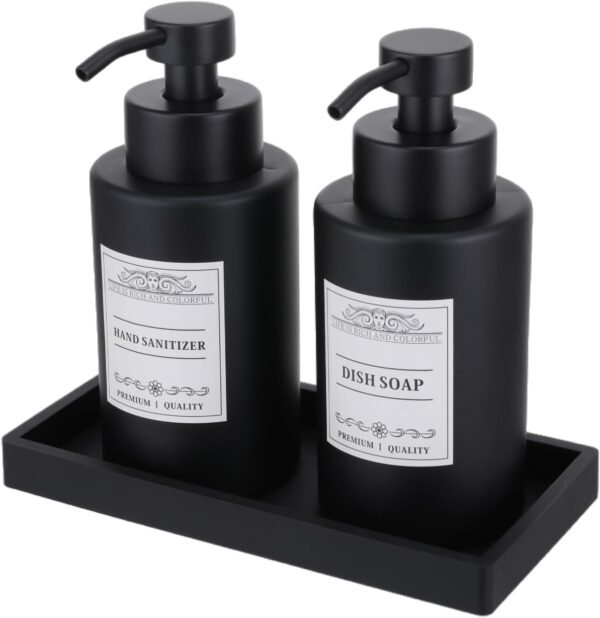 Black Soap Dispenser Bathroom Set,Glass Soap Dispenser with Stainless Steel Pump,12 Oz Liquid Hand and Dish Soap Dispenser Set with Tray,Shampoo and Conditioner Dispenser Bathroom Decor.