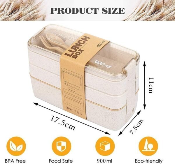 Bento Box for Adults, 3-In-1 Meal Prep Container, 900ML Japanese Lunch Box with Compartment, Wheat Straw, Leak-proof, Spoon & Fork, BPA-free (Beige) - Image 7