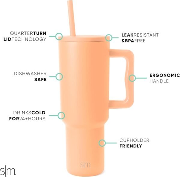 Simple Modern 40 oz Tumbler with Handle and Straw Lid | Insulated Cup Reusable Stainless Steel Water Bottle Travel Mug Cupholder Friendly | Gifts for Women Men Him Her | Trek Collection | Bellini - Image 2