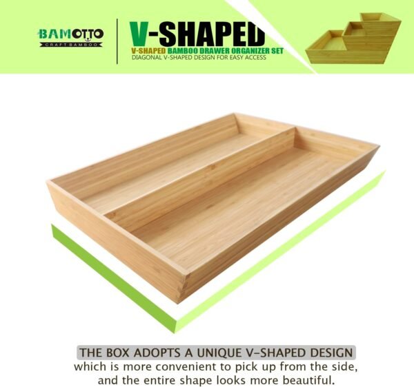 BAMOTTO V-Shaped Bamboo Drawer Organizer Set of 3 Kitchen Large and Long Utensil Plate, Flatware&Silverware Storage Box, Wood Drawer Organizer for Bedroom, Living Room - Image 3