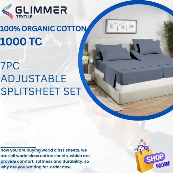 100% Organic Cotton| 1000tc| Split King Size 7pcs Sheet Set| Comfy & Very Soft| Comfort Like Hotel| Luxury Bed Sheets for Men & Women| deep Pocket 14 inch| Wrinkle Free| Steal Blue - Image 3