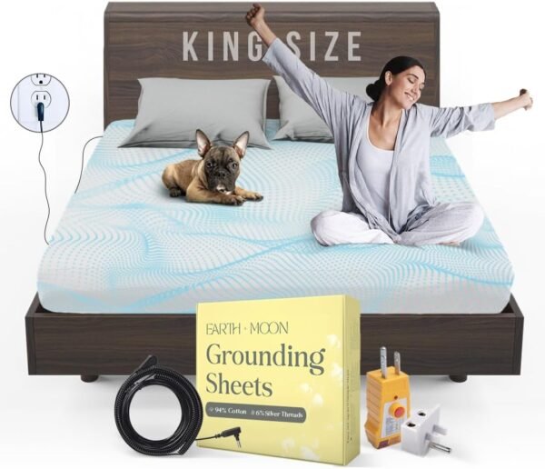 Earth and Moon Grounding Sheets King Size 78x80x15, Soft & Comfortable Fitted Bed Sheet for Restful Sleep, Reduce Pain, Fatigue, Stress, Made w/Organic Cotton & Pure Silver Fiber, Fits Deep Mattress