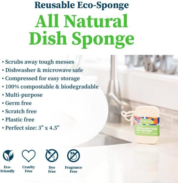 Truly Free Natural Cleaning Sponges, 100% Organic Luffa Dish Scrubber, Plant-Based Compostable Kitchen Dishwasher Sponge, Cleans Sink, Grout & Tile, Non Scratch Scouring Pad - 4.4 x 2.8 in, Pack of 3 - Image 2