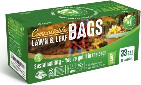 UNNI Compostable Lawn & Leaf Liner Bags, 30-33 Gallon, 124 Liter, 1.1 Mil Extra Thick, 20 Count, Yard Waste & Food Scraps Disposal, ASTM D6400, US BPI, CMA and OK compost HOME Certified - Image 6