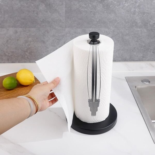 Paper Towel Holder Countertop,Simply Tear Black Paper Towel Holder with Ratchet Mechanism,Metal Paper Towel Holder Stand with Weighted Base Suction Cups,for Kitchen Bathroom - Image 2