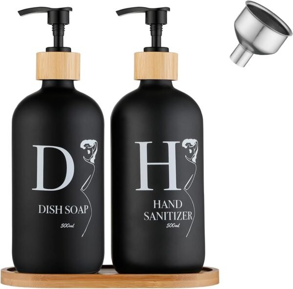 2Pack Glass Hand Soap Dispenser with Bamboo Pump, Refillable Soap Dispenser, Premium Soap Dispenser for Kitchen and Bathroom (Black, 18oz*2).
