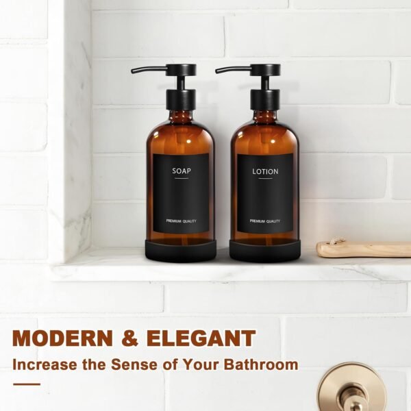 Amber Glass Soap Dispenser 2 Pack, Bathroom Hand Soap Dispenser with Stainless Steel Pump, 16 Oz Kitchen Hand and Dish Soap Dispenser Set, Modern Brown Soap Lotion Dispensers Bottle - Image 7