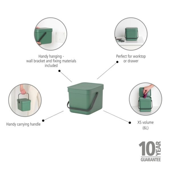 Brabantia Sort & Go Food Trash Can (1.6 Gal/Fir Green) Small Countertop Kitchen Compost Caddy with Handle & Removable Lid, Easy Clean, Fixtures Included for Wall/Cupboard Mounting - Image 2