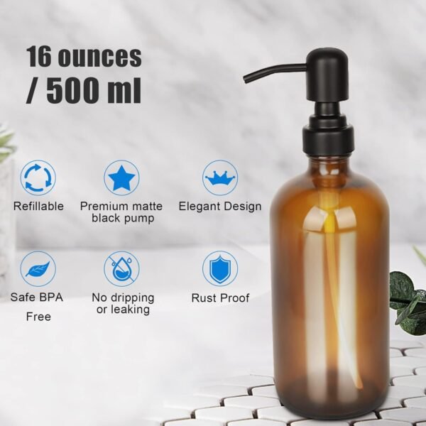 Amber Glass Soap Dispenser with Pump and Tray - Hand Dish Soap Dispenser Bottles for Hand Soap, Dish Soap, Lotion - Vintage Soap Dispenser Bathroom and Kitchen Sink Set (Amber Bottles; Black Pumps) - Image 5