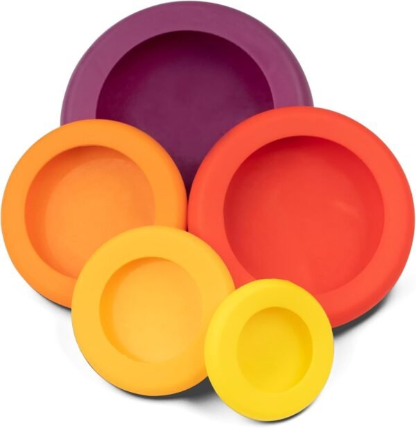 Food Huggers 5pc Reusable Silicone Food Savers | BPA Free & Dishwasher Safe | Fruit & Vegetable Produce Storage for Onion, Tomato, Lemon, Banana, Cans & More | Round, Autumn Harvest - Image 2