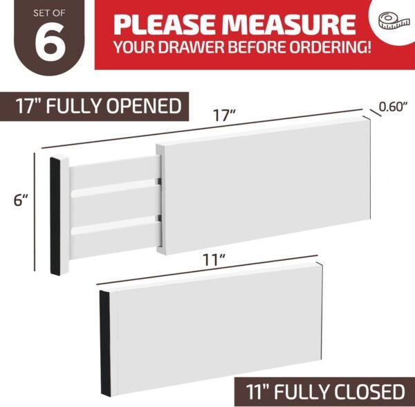 6 Pack Drawer Dividers 6 Inch High, 11”-17" Adjustable Bamboo Organizers Large Expandable Drawer Separators for Cloths, Dresser, Bedroom, Bathroom, Baby Drawer, Office & Kitchen Utensils (White) - Image 2
