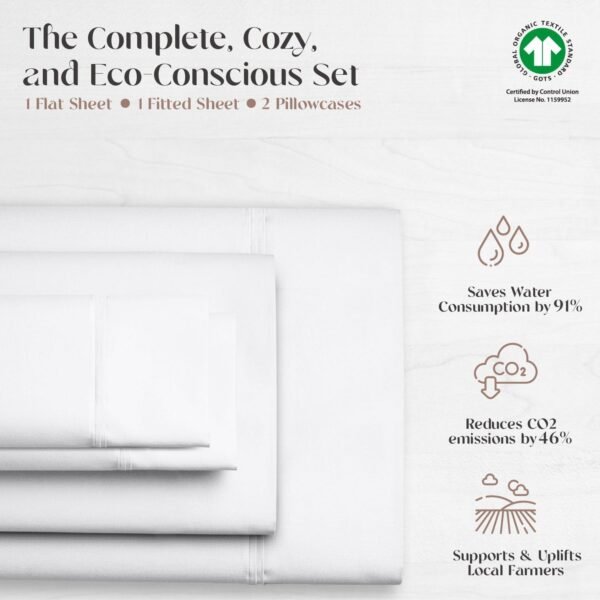 Carressa Linen Organic Cotton Sheets Queen - 100% Organic Cotton 4 Piece Sateen Sheets for Queen Size Bed, Soft, Cooling Organic Sheets Queen Size, 16" Deep Pocket Organic Cotton Queen Sheets - White - Image 5