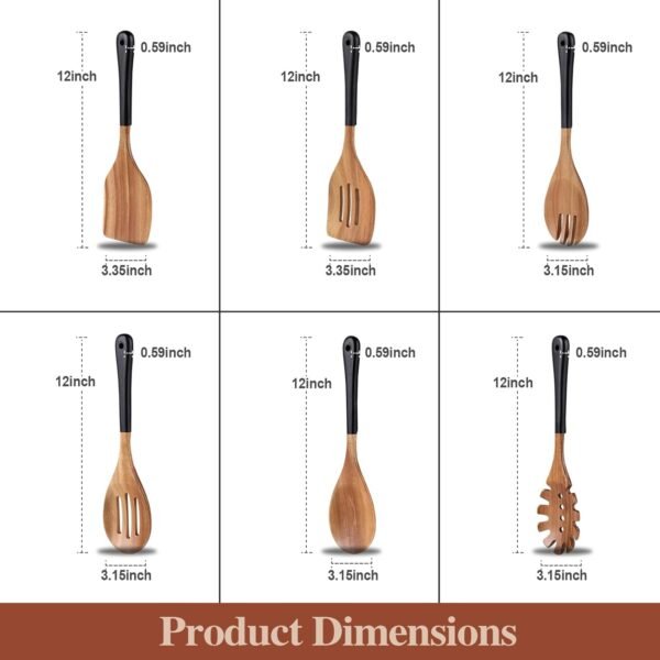 Wooden Spoons For Cooking, 6 PCS Natural Acacia Wooden Cooking Utensils or Non-Stick Wooden Kitchen Utensil Set for Kitchen Essentials, Smooth Grip Wooden Cooking Spoons with Hanging Hole, Black - Image 7