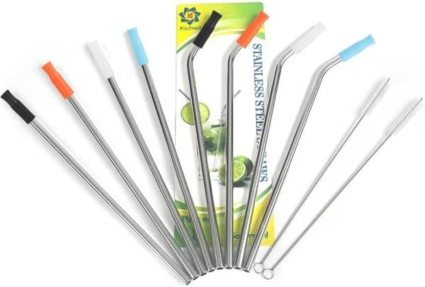 Kichwit Extra Long Stainless Steel Straws Set of 8, Reusable Wide Straws for Smoothies, 10.5 Inches Long, 5/16" Wide, Metal Drinking Straws, 2 Cleaning Brushes Included