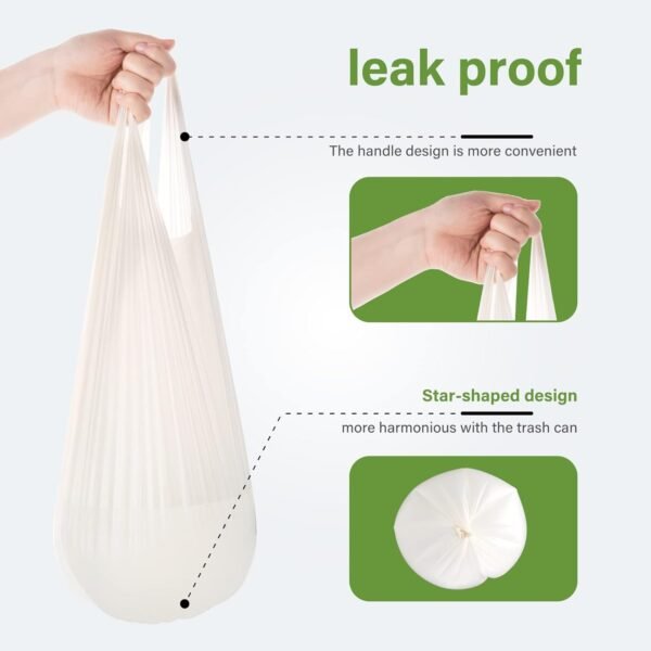 Biodegradable handle Trash Bags, 5 Gallon, 20L, leak proof 0.78 Mils Thickness, 100% Compostable Waste Bags for Kitchen Bathroom Office , ASTM D6400 BPI Certified, White - Image 3