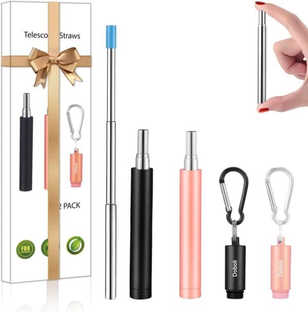 2 Pack Reusable Metal Straws,Stocking Stuffers For Gift Women Men, Collapsible Stainless Steel Drinking Straw Travel Portable Telescopic Straw with Case,2 Cleaning Brushes,Black/Rose Gold