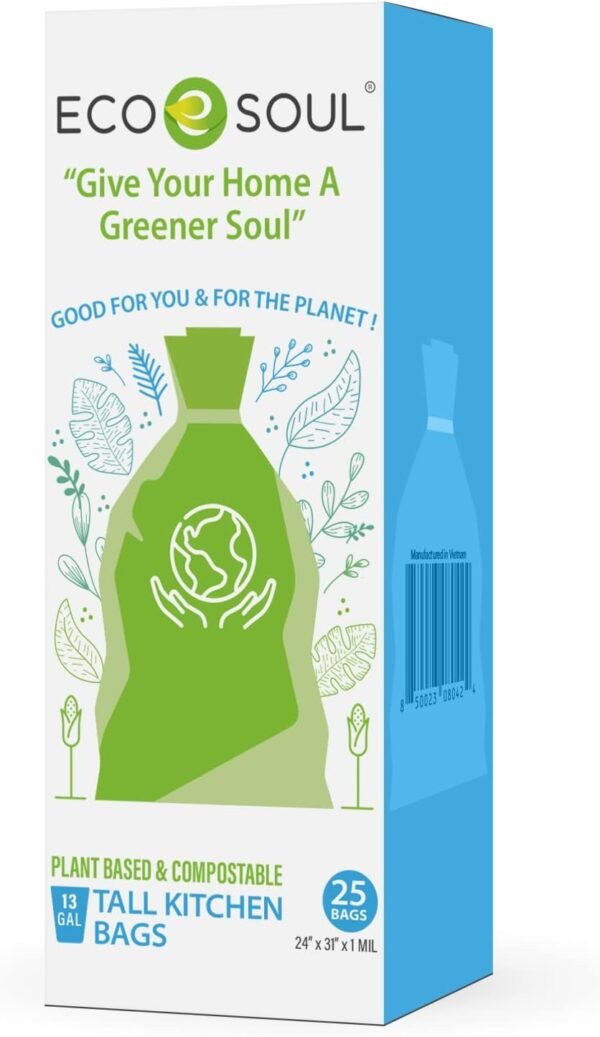 ECO SOUL 100% Compostable Trash Bags | Biodegradable Eco-friendly Bio Bags for Garbage Bins | Heavy Duty & Leak-Resistant | Home, Office & Kitchen Use | 13 Gallon | Set of 25