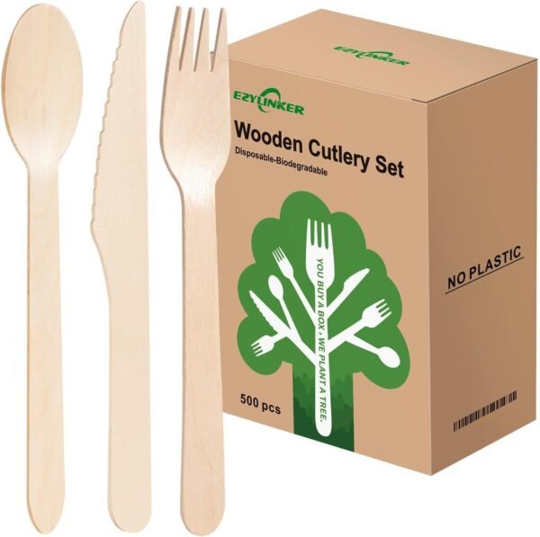Compostable Cutlery Set - 500 Pieces Wooden Compostable Utensils - [200 Spoons, 200 Forks, 100 Knives] - Disposable Wooden Cutlery, Eco Friendly Forks and Spoons, Disposable Cutlery Set Party Utensils