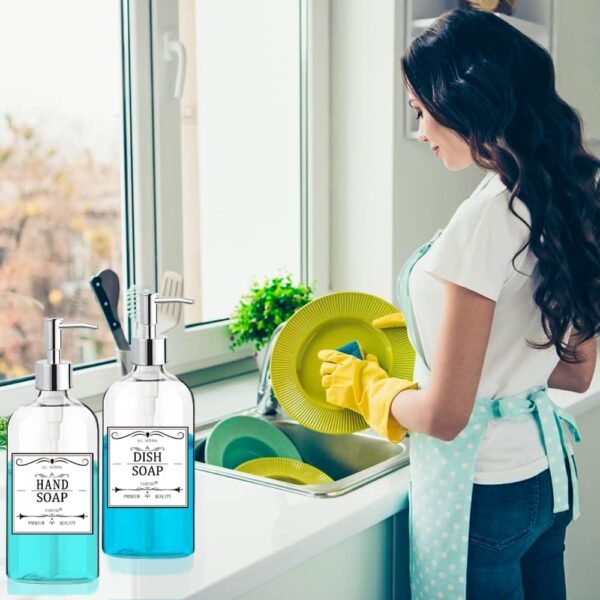 Clear Soap Dispenser with Rust Proof Pump, Waterproof Labels (2 Pack,16 Oz), Soap Dispenser Bathroom, Plastic Hand Soap Dispenser, Dish Soap Dispenser for Kitchen - Image 5