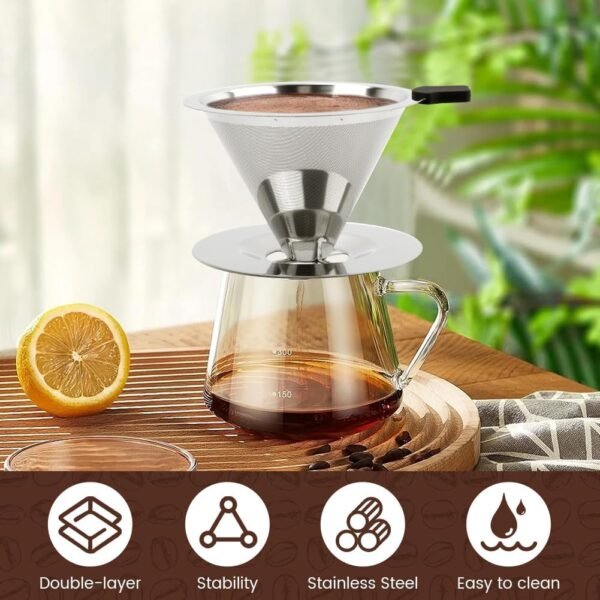 Pour Over Coffee Dripper with Cleaning Brush, Stainless Steel Cone Coffee Filter Fine Mesh Double Layer, Paperless Reusable Coffee Filter, Drip Cone Brew Coffee Strainer(SIZE:Medium) - Image 7