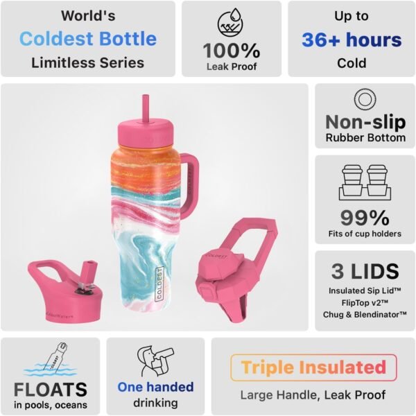 Coldest Tumbler with Handle and Straw Lid 3 Lids Insulated Reusable Stainless Steel Water Bottle Travel Mug | Gifts for Women Him Her | Limitless Collection (36oz, Amethyst) - Image 5
