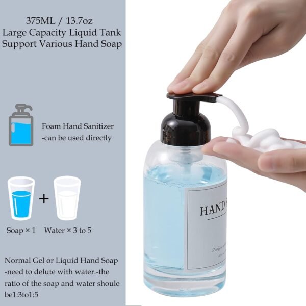 rejomiik Foaming Soap Dispenser Thick Glass Foam for Bathroom or Kitchen Sink, 12.7 oz Clear Pump Bottles for Hand soap, Body Wash, Black 2 Pack - Image 2