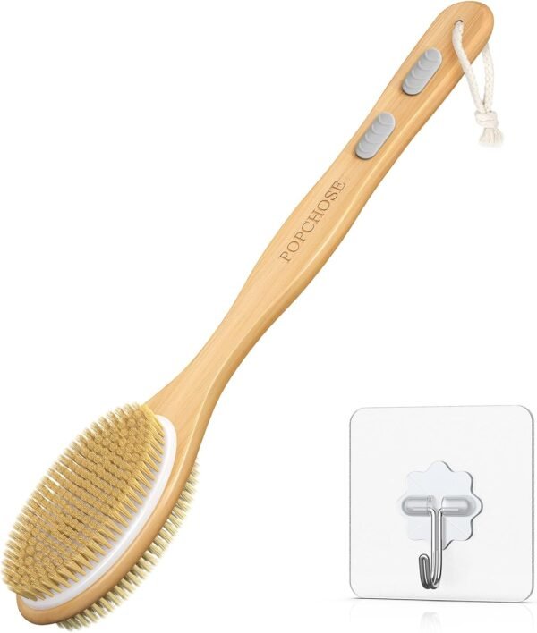 POPCHOSE Shower Brush, Back Scrubber for Shower with 17-Inch Wooden Long Handle, Dual-Sided Dry Brushing Body Brush with Soft & Stiff Bristles, Body Scrubber for Wet or Dry Exfoliation