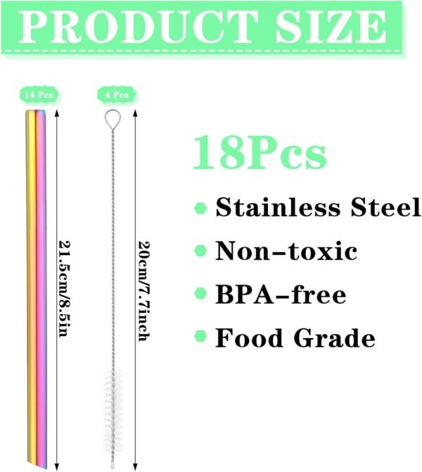 14 Pcs Stainless Steel Metal Straws, 7 Colors Stainless Steel Metal Boba Straws Metal Drinking Straws for Milkshake, Extra Wide Colored Reusable Tea Straws with 4 Pcs Cleaning Brush - Image 4