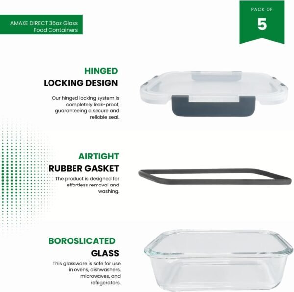 5 Pack 36OZ Kitchen Leak-Proof Glass Food Storage Containers - Thick & Durable Glass Meal Prep Containers - Airtight Easy to Clean Glass Storage Containers with Lids - Image 3