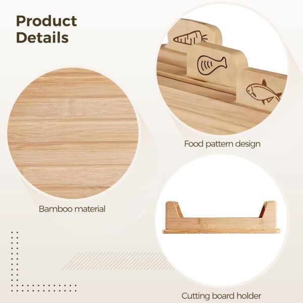 4 Pcs Bamboo Cutting Board Set, Wood Cutting Board Set with Holder, Chopping Boards Set with Food Icons Ideal for Meat Fish Bread Vegetable Fruit Chopping - Image 4