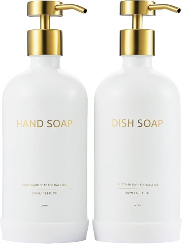 Kitchen Soap Dispenser Set with Non-Slip Protective Silicone Pad,Hand Soap Dispenser for Kitchen and Bathroom Decor, White and Gold Kitchen Accessories (White Bottles + Gold Pumps)
