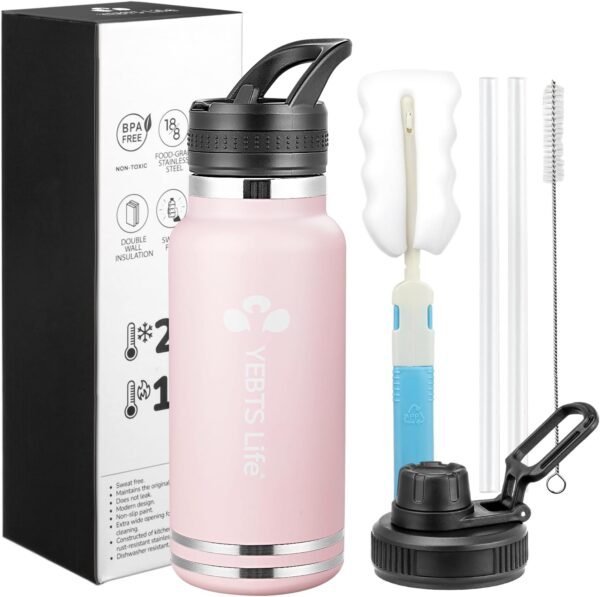 Insulated Water Bottle With Straw,32 oz Vacuum Insulated Stainless Steel Sports Water Flask with 2 Lids & 2 Straws,Keeps Cold and Hot,Metal Water Bottle Wide Mouth for Gym Travel Camping (Pink, 32oz)
