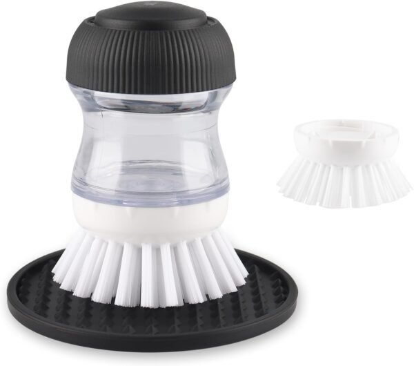 Soap Dispensing Palm Brush, Dish Brush Set with Silicone Drip Tray and One Refill, Kitchen Dish Scrub Brush for Cleaning Pots, Pans.