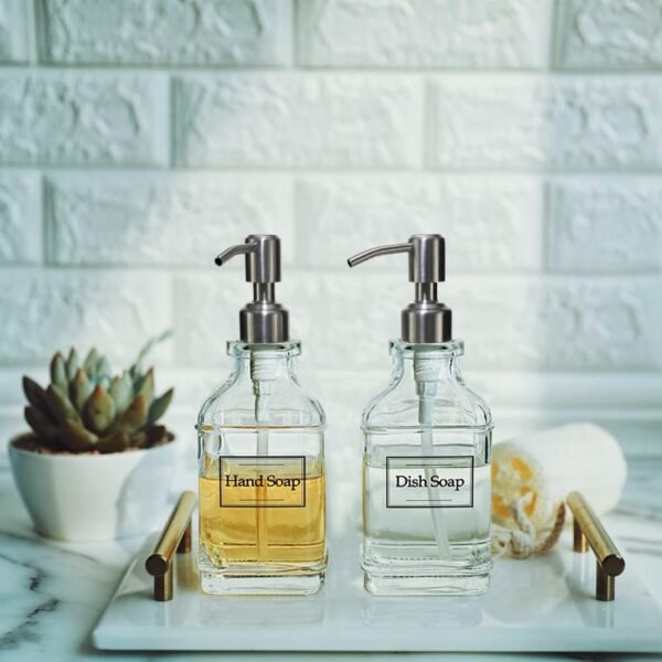 JASAI Antique Design Soap Dispenser with Rust Proof 304 Stainless Steel Pump, Refillable Clear Glass Soap Dispenser with 10Pcs Clear Stickers, Premium Kitchen & Bathroom Soap Dispenser - Image 7