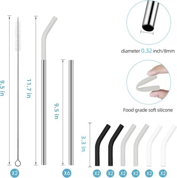 30 oz Stainless Metal Straws for 30 oz Stanley Tumbler, 6 Straws Reusable Straight Long Steel Straws with 12 Silicone Tips and 2 Straw Cleaning Brushes (3Color1, 30oz) - Image 2