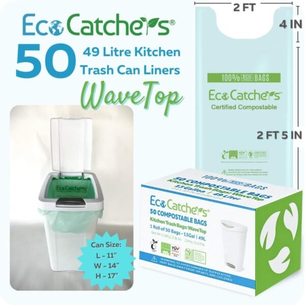 Compostable Trash Bags 13 Gallon - [50] Wavetop Kitchen Compost Bags for Home Trash Can, BPI Certified Easy Tie-Up Garbage Bags - Image 2