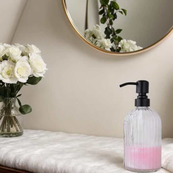 Aspasia Glass Soap Dispenser, Clear Glass Bottle with Rust Proof Stainless Steel Pump, Refillable Liquid Hand Soap Dispenser for Bathroom, Kitchen, 15 Oz, Matte Black - Image 3