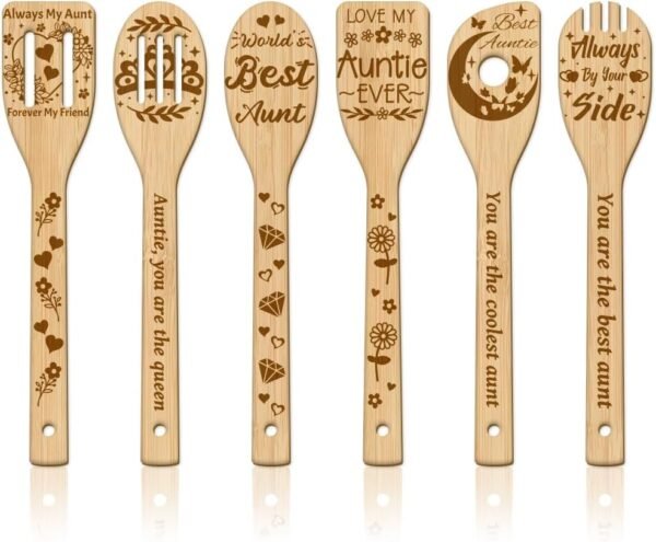 GLOBLELAND 6Pcs Aunt Auntie Wooden Spoons Utensil Set Bamboo Carving Kitchen Cooking Utensils Wooden Engraved Cooking Spatula Set for Kitchen Fun House Warming Gift