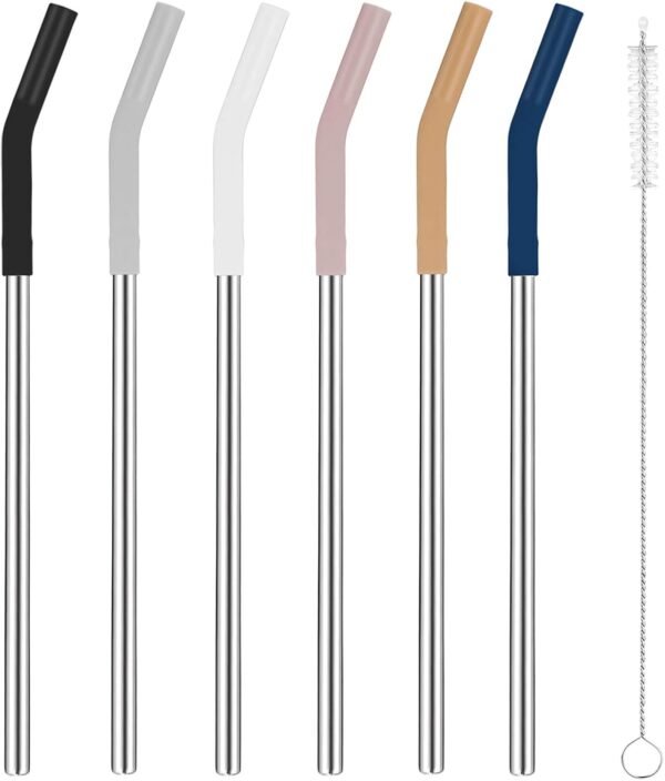 Tronco Set of 6 Stainless Steel Reusable Metal Straws with Silicone Flex Tips Elbows Cover, Metal Drinking Straws for Tronco Tumbler, 6 Steel Straws,6 Silicone Tips,1 Straw Cleaning Brush