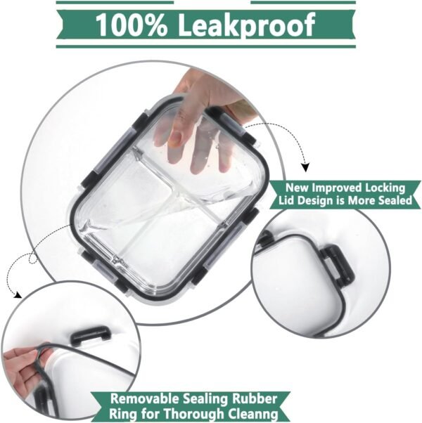 HOMBERKING 8 Pack Glass Meal Prep Containers 3 Compartment, 36oz Glass Food Storage Containers with Lids, Airtight Glass Lunch Bento Boxes, BPA-Free & Leak Proof (8 lids & 8 Containers) - Black - Image 3
