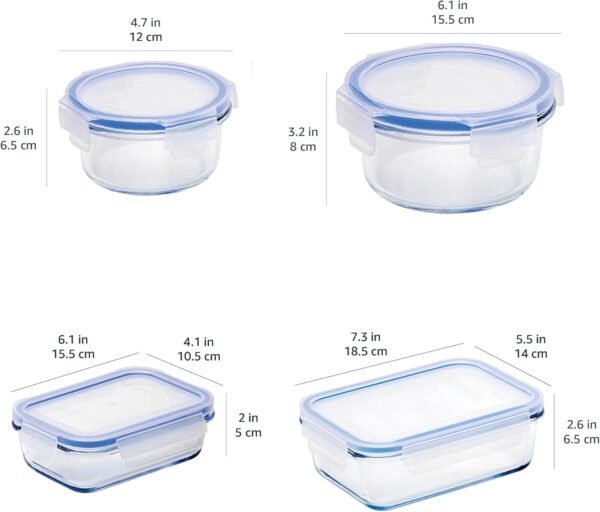 Amazon Basics Leak-Proof Glass Locking Lids Food Storage Containers, 14-Piece Set, 7 Count of Bases and 7 Plastic Lids, Clear, Blue, BPA Free, Dishwasher & Microwave Safe, for Meal Prep & Freezer - Image 4