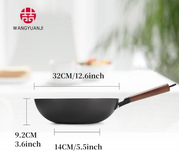 WANGYUANJI Iron Wok 12.6 inches,Wooden Handle Chinese Iron Pot Carbon Steel Wok Non-Coated Stir Fry Pan,Suitable for Home Cooking, Compatible with Induction, Gas, and Electric Ceramic Cooktops - Image 2