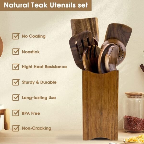 Kitchen Utensils Set 8 Piece Teak Wooden Cooking Utensil Set Non-Stick Pan Wood Spoons and Spatula Cookware for Home Everyday Use &Kitchen Tools - Image 3
